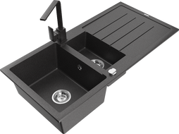 Mexen Andres zlewozmywak granitowy 1,5-komorowy z ociekaczem i baterią kuchenną Rita, czarny nakrapiany - 6515-76-670300-76