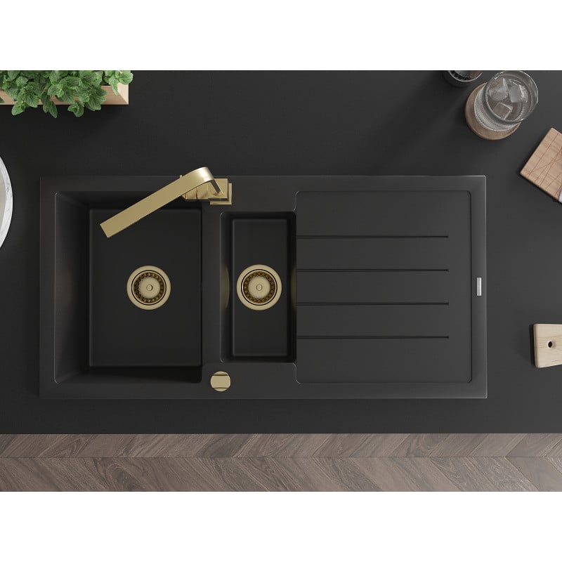 Mexen Andres zlewozmywak granitowy 1,5-komorowy z ociekaczem i baterią kuchenną Rita, czarny - 6515-77-670300-50