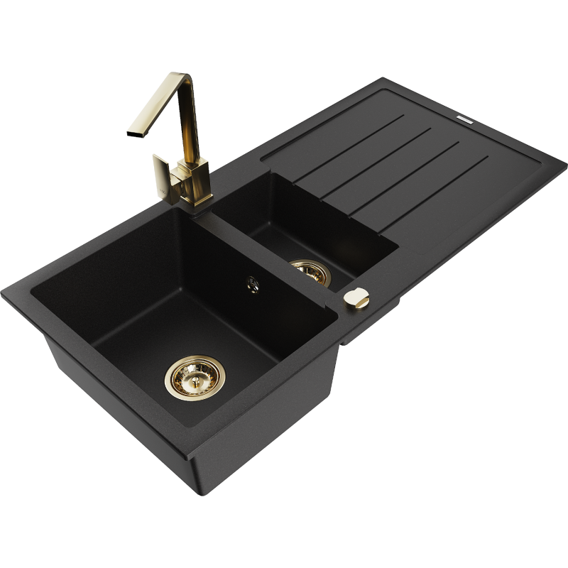 Mexen Andres zlewozmywak granitowy 1,5-komorowy z ociekaczem i baterią kuchenną Rita, czarny - 6515-77-670300-50