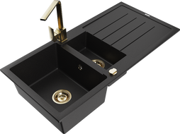 Mexen Andres zlewozmywak granitowy 1,5-komorowy z ociekaczem i baterią kuchenną Rita, czarny - 6515-77-670300-50