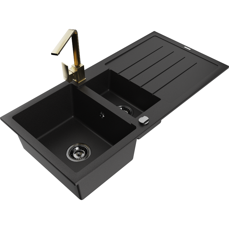 Mexen Andres zlewozmywak granitowy 1,5-komorowy z ociekaczem i baterią kuchenną Rita, czarny - 6515-77-670300-50-B