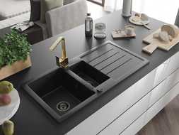 Mexen Andres zlewozmywak granitowy 1,5-komorowy z ociekaczem i baterią kuchenną Rita, czarny - 6515-77-670300-50-B