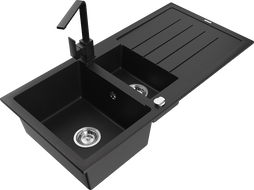 Mexen Andres zlewozmywak granitowy 1,5-komorowy z ociekaczem i baterią kuchenną Rita, czarny - 6515-77-670300-70