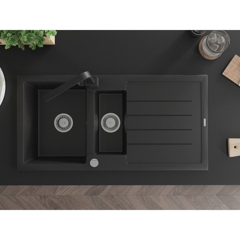 Mexen Andres zlewozmywak granitowy 1,5-komorowy z ociekaczem i baterią kuchenną Rita, czarny - 6515-77-670300-70