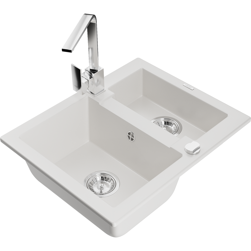 Mexen Carlos zlewozmywak granitowy 1,5-komorowy z baterią kuchenną Rita, biały - 6518-20-670300-00