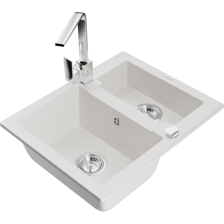 Mexen Carlos zlewozmywak granitowy 1,5-komorowy z baterią kuchenną Rita, biały - 6518-20-670300-00