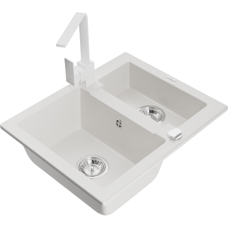 Mexen Carlos zlewozmywak granitowy 1,5-komorowy z baterią kuchenną Rita, biały - 6518-20-670300-20