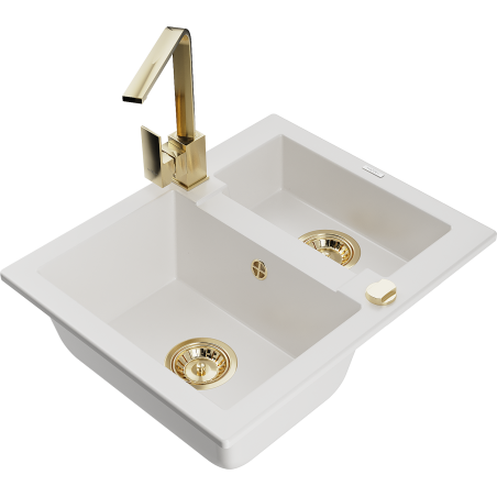 Mexen Carlos zlewozmywak granitowy 1,5-komorowy z baterią kuchenną Rita, biały - 6518-20-670300-50