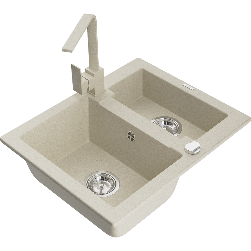 Mexen Carlos zlewozmywak granitowy 1,5-komorowy z baterią kuchenną Rita, beżowy - 6518-69-670300-69