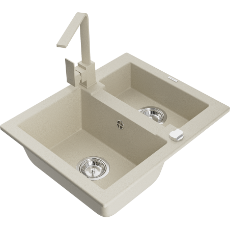 Mexen Carlos zlewozmywak granitowy 1,5-komorowy z baterią kuchenną Rita, beżowy - 6518-69-670300-69