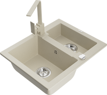 Mexen Carlos zlewozmywak granitowy 1,5-komorowy z baterią kuchenną Rita, beżowy - 6518-69-670300-69