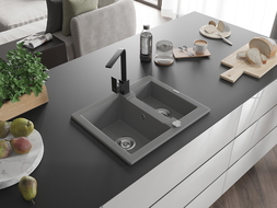 Mexen Carlos zlewozmywak granitowy 1,5-komorowy z baterią kuchenną Rita, szary - 6518-71-670300-70