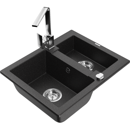 Mexen Carlos zlewozmywak granitowy 1,5-komorowy z baterią kuchenną Rita, czarny/srebrny metalik - 6518-73-670300-00