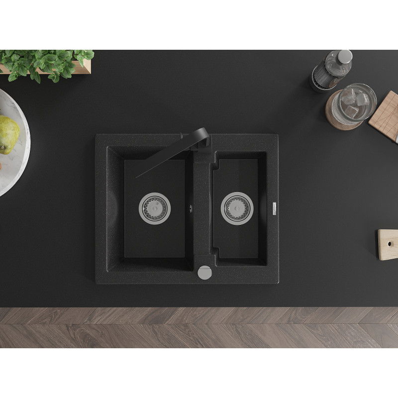 Mexen Carlos zlewozmywak granitowy 1,5-komorowy z baterią kuchenną Rita, czarny/srebrny metalik - 6518-73-670300-70