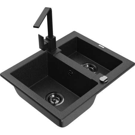 Mexen Carlos zlewozmywak granitowy 1,5-komorowy z baterią kuchenną Rita, czarny/srebrny metalik - 6518-73-670300-70-B