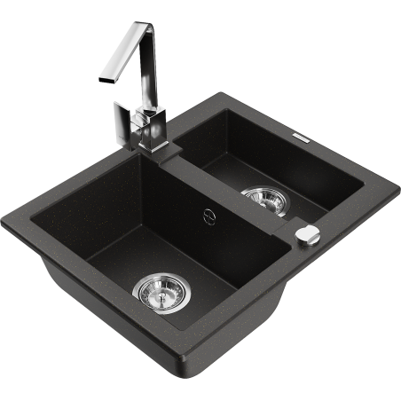 Mexen Carlos zlewozmywak granitowy 1,5-komorowy z baterią kuchenną Rita, czarny/złoty metalik - 6518-75-670300-00