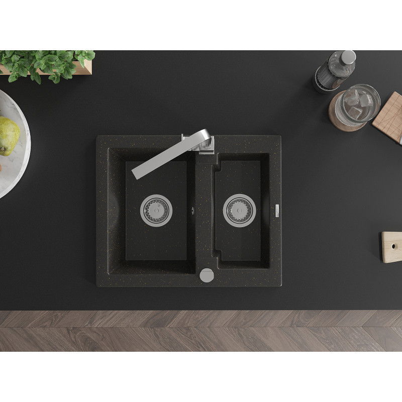 Mexen Carlos zlewozmywak granitowy 1,5-komorowy z baterią kuchenną Rita, czarny/złoty metalik - 6518-75-670300-00