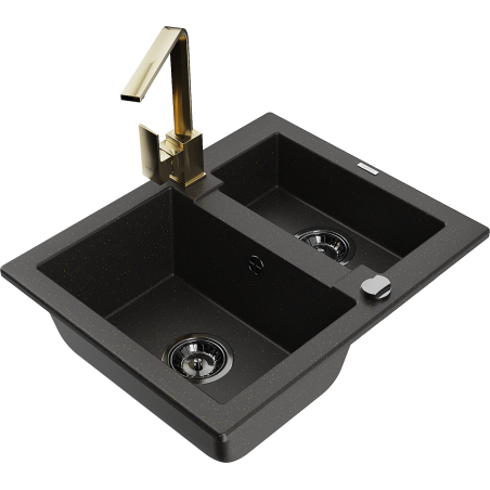 Mexen Carlos zlewozmywak granitowy 1,5-komorowy z baterią kuchenną Rita, czarny/złoty metalik - 6518-75-670300-50-B