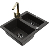 Mexen Carlos zlewozmywak granitowy 1,5-komorowy z baterią kuchenną Rita, czarny/złoty metalik - 6518-75-670300-50-B