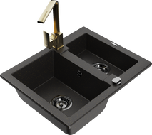 Mexen Carlos zlewozmywak granitowy 1,5-komorowy z baterią kuchenną Rita, czarny/złoty metalik - 6518-75-670300-50-B