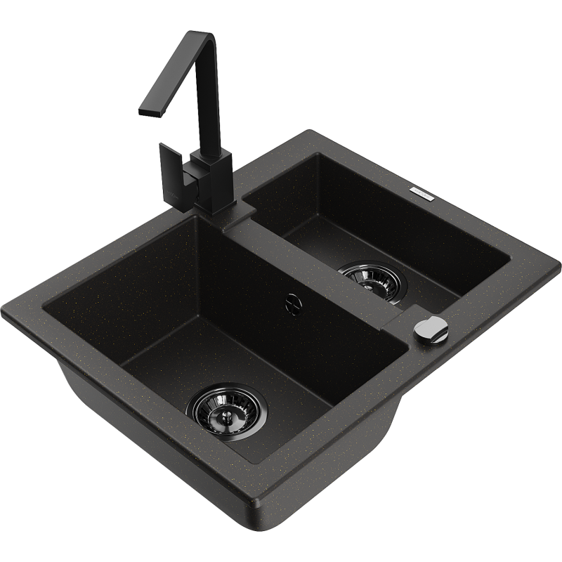Mexen Carlos zlewozmywak granitowy 1,5-komorowy z baterią kuchenną Rita, czarny/złoty metalik - 6518-75-670300-70-B