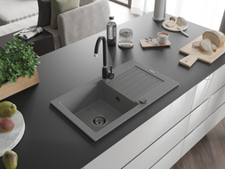 Mexen Pablo zlewozmywak granitowy 1-komorowy z ociekaczem i baterią kuchenną Telma, szary - 6510-71-670200-70-B