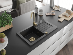 Mexen Pablo zlewozmywak granitowy 1-komorowy z ociekaczem i baterią kuchenną Telma, czarny/srebrny - 6510-73-670200-50