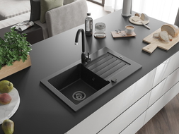 Mexen Pablo zlewozmywak granitowy 1-komorowy z ociekaczem i baterią kuchenną Telma, czarny/srebrny - 6510-73-670200-70-B