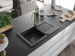 Mexen Pablo zlewozmywak granitowy 1-komorowy z ociekaczem i baterią kuchenną Telma, czarny/złoty - 6510-75-670200-50-B