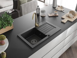 Mexen Pablo zlewozmywak granitowy 1-komorowy z ociekaczem i baterią kuchenną Telma, czarny - 6510-77-670200-50-B