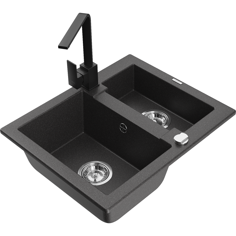 Mexen Carlos zlewozmywak granitowy 1,5-komorowy z baterią kuchenną Rita, czarny nakrapiany - 6518-76-670300-70