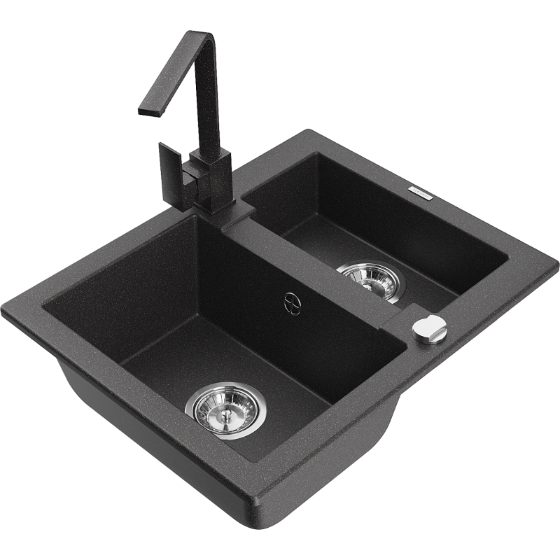 Mexen Carlos zlewozmywak granitowy 1,5-komorowy z baterią kuchenną Rita, czarny nakrapiany - 6518-76-670300-76