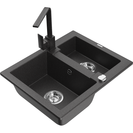 Mexen Carlos zlewozmywak granitowy 1,5-komorowy z baterią kuchenną Rita, czarny nakrapiany - 6518-76-670300-76