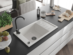 Mexen Elias zlewozmywak granitowy 1-komorowy z ociekaczem i baterią kuchenną Telma, biały - 6511-20-670200-70