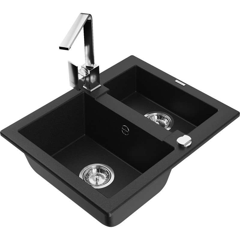 Mexen Carlos zlewozmywak granitowy 1,5-komorowy z baterią kuchenną Rita, czarny - 6518-77-670300-00