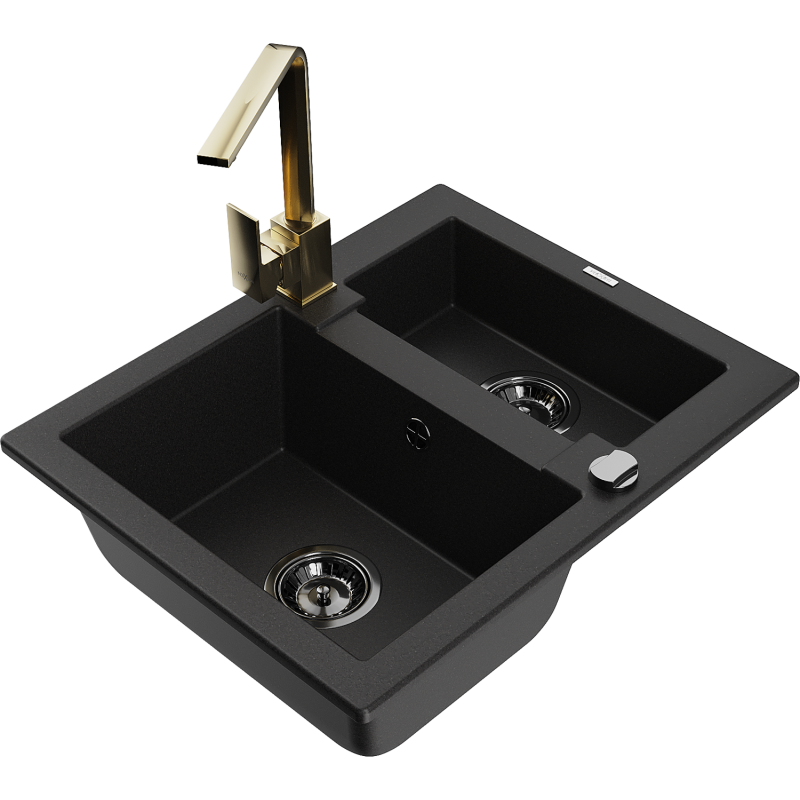 Mexen Carlos zlewozmywak granitowy 1,5-komorowy z baterią kuchenną Rita, czarny - 6518-77-670300-50-B