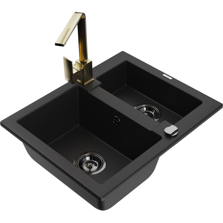 Mexen Carlos zlewozmywak granitowy 1,5-komorowy z baterią kuchenną Rita, czarny - 6518-77-670300-50-B