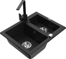 Mexen Carlos zlewozmywak granitowy 1,5-komorowy z baterią kuchenną Rita, czarny - 6518-77-670300-70