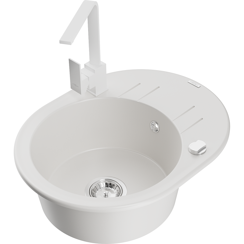 Mexen Kevin zlewozmywak granitowy 1-komorowy z ociekaczem i baterią kuchenną Rita, biały - 6517-20-670300-20