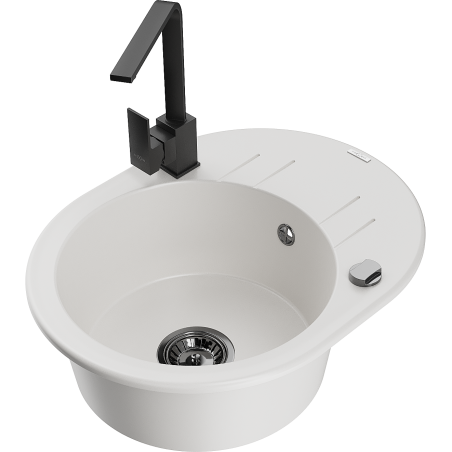 Mexen Kevin zlewozmywak granitowy 1-komorowy z ociekaczem i baterią kuchenną Rita, biały - 6517-20-670300-70