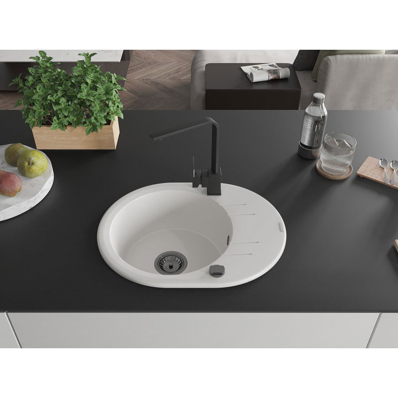 Mexen Kevin zlewozmywak granitowy 1-komorowy z ociekaczem i baterią kuchenną Rita, biały - 6517-20-670300-70