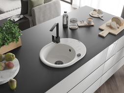 Mexen Kevin zlewozmywak granitowy 1-komorowy z ociekaczem i baterią kuchenną Rita, biały - 6517-20-670300-70