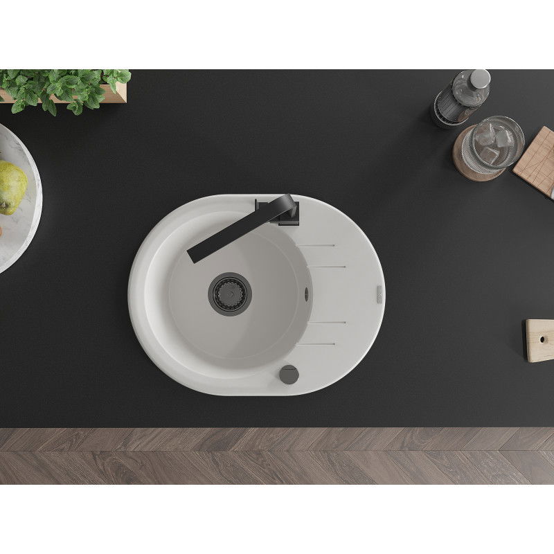 Mexen Kevin zlewozmywak granitowy 1-komorowy z ociekaczem i baterią kuchenną Rita, biały - 6517-20-670300-70