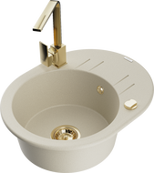 Mexen Kevin zlewozmywak granitowy 1-komorowy z ociekaczem i baterią kuchenną Rita, beżowy - 6517-69-670300-50