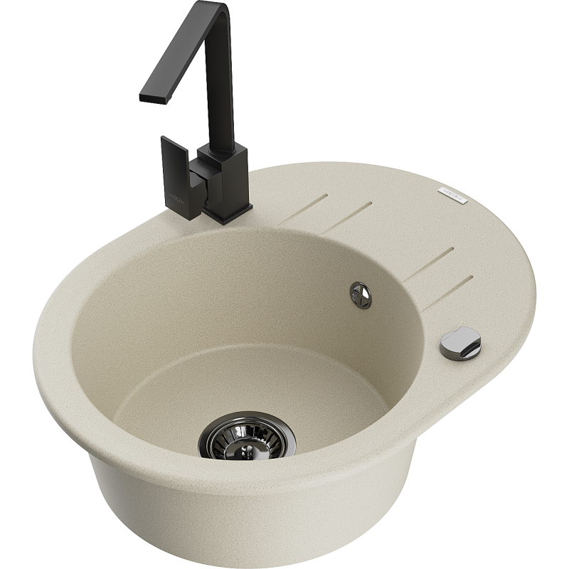 Mexen Kevin zlewozmywak granitowy 1-komorowy z ociekaczem i baterią kuchenną Rita, beżowy - 6517-69-670300-70