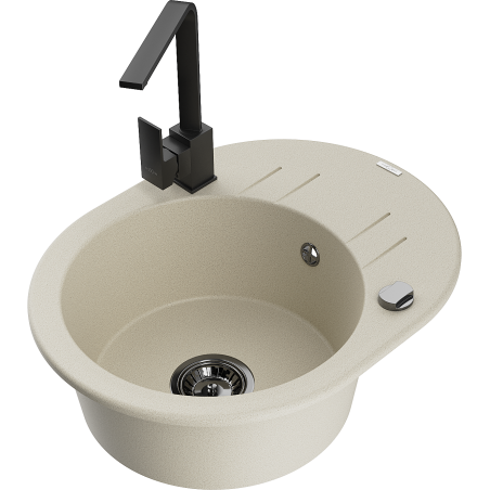 Mexen Kevin zlewozmywak granitowy 1-komorowy z ociekaczem i baterią kuchenną Rita, beżowy - 6517-69-670300-70
