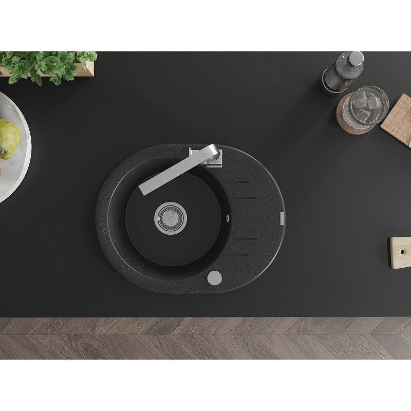 Mexen Kevin zlewozmywak granitowy 1-komorowy z ociekaczem i baterią kuchenną Rita, czarny/srebrny - 6517-73-670300-00