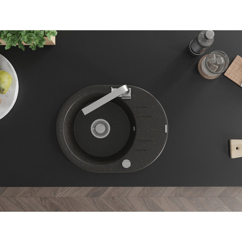 Mexen Kevin zlewozmywak granitowy 1-komorowy z ociekaczem i baterią kuchenną Rita, czarny/złoty metalik - 6517-75-670300-00