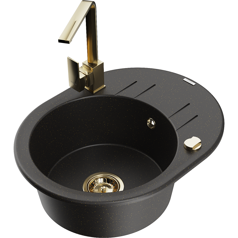 Mexen Kevin zlewozmywak granitowy 1-komorowy z ociekaczem i baterią kuchenną Rita, czarny/złoty metalik - 6517-75-670300-50