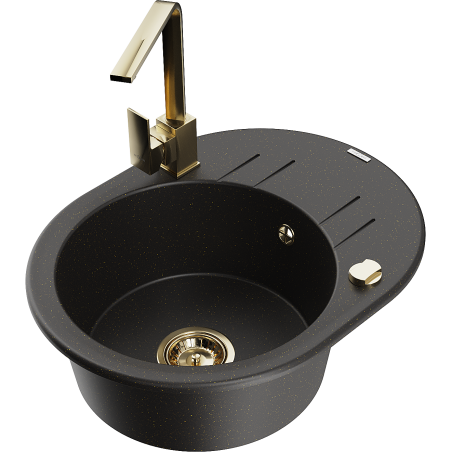 Mexen Kevin zlewozmywak granitowy 1-komorowy z ociekaczem i baterią kuchenną Rita, czarny/złoty metalik - 6517-75-670300-50